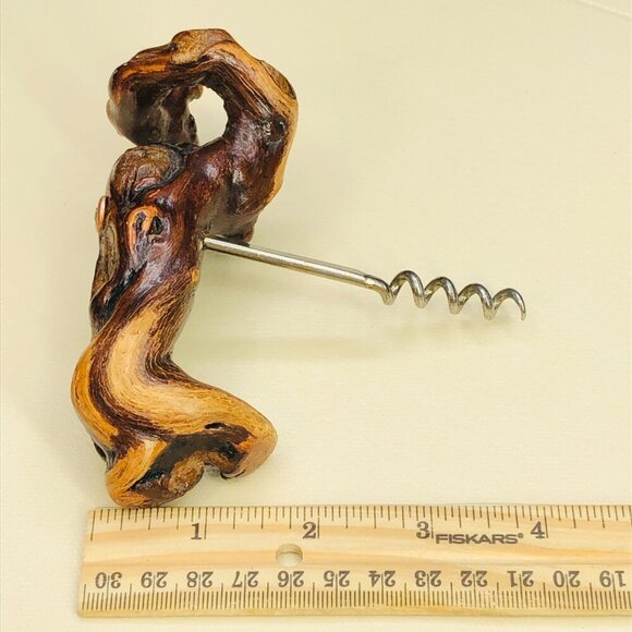 70s Grapevine Burl Wood Cork Screw Vintage Barware Stainless Wine Bottle Opener - Picture 9 of 9